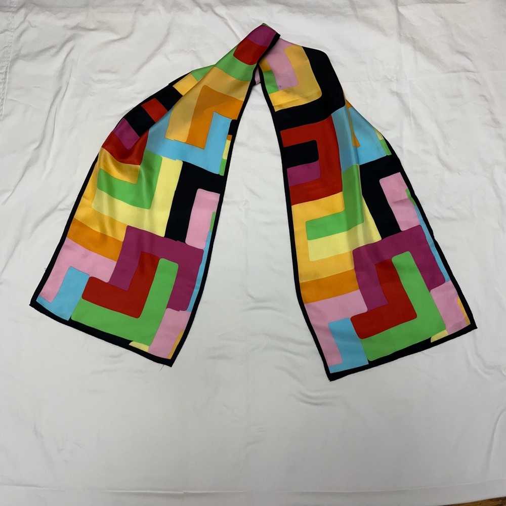 100% Silk Scarf  Rolled Edge Geometric Pink Orange Red Green 59” L  x  12” W
